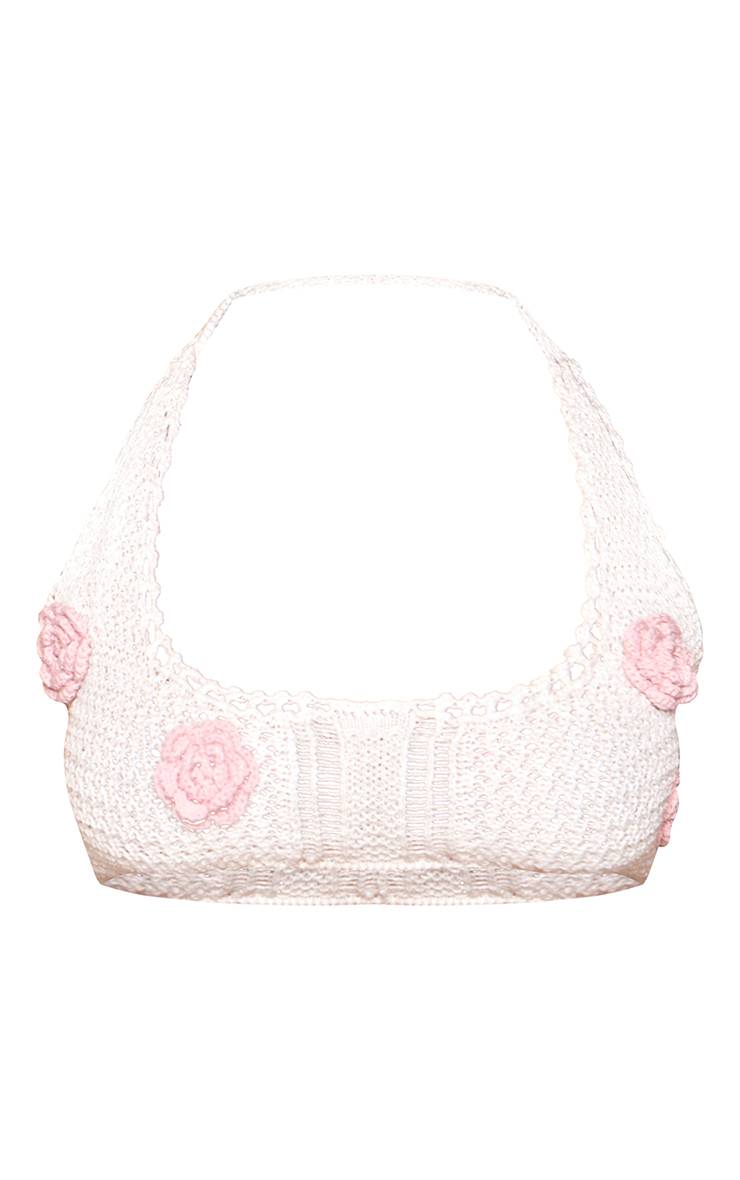 Crème Brassière Courte En Maille À Appliqué Floral Et Col Noué Petite