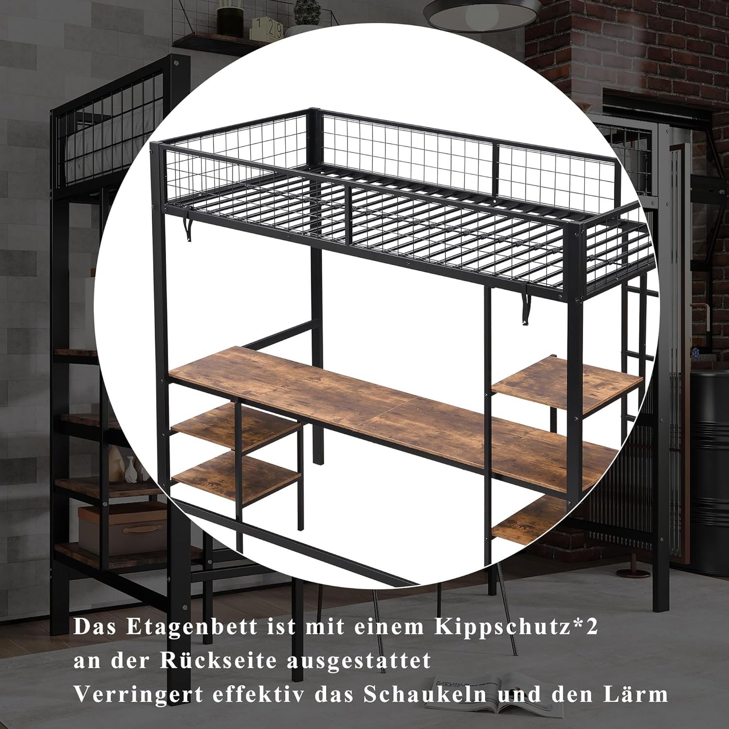 Merax Hochbett 90x200cm mit Schreibtisch & Lagerregal, Stabile Metallbett Etagenbett mit Lattenrost & Rausfallschutz, Platzsparend Stockbett Kinderhochbett Jugendhochbett, Eisen+Spanplatte, Schwarz