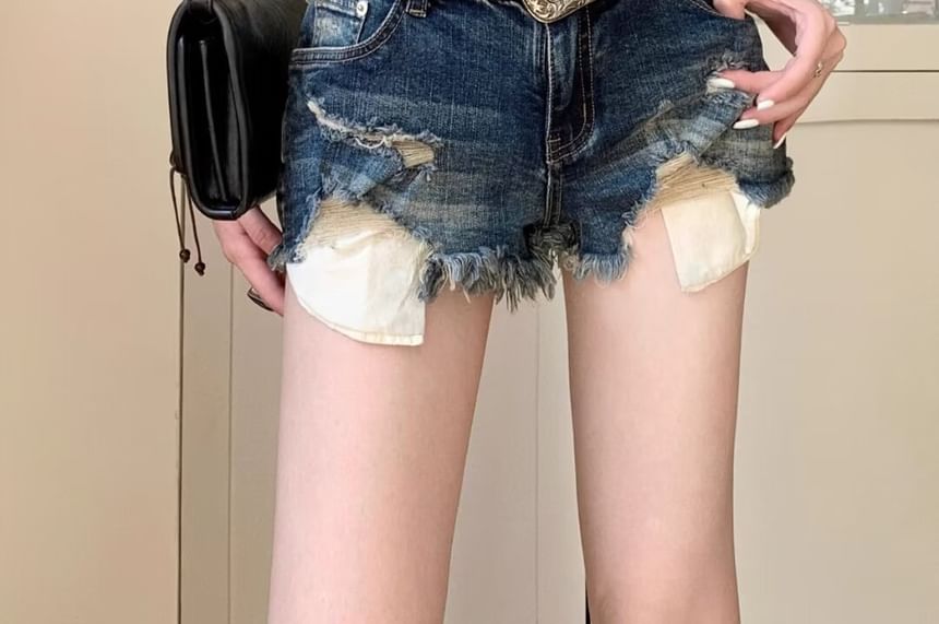 Ragistiq - Hoge taille gewassen, gerafeld, versleten denim hotpants