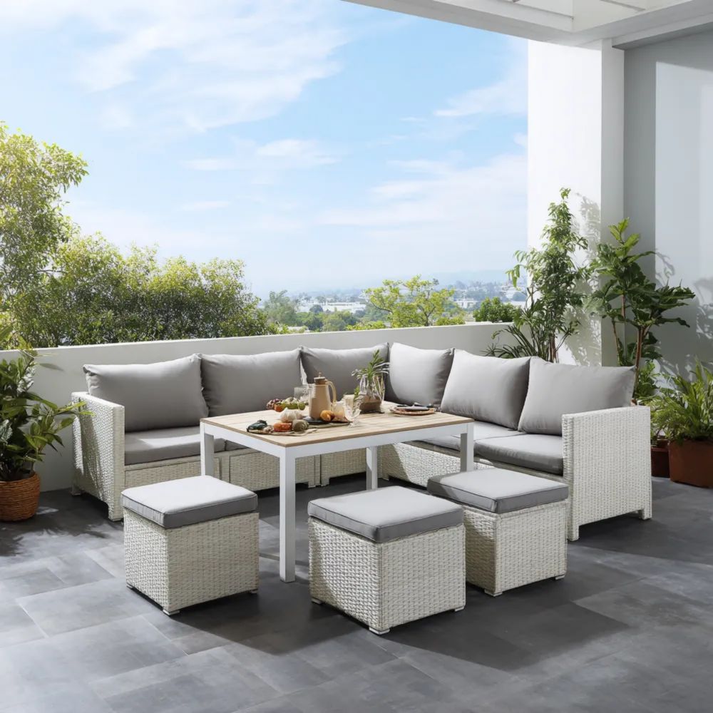 Garten-Sofaset Rattan 5-Sitzer 200x75x65 cm Weiß/Beige - Modernes Desi