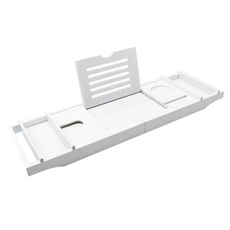 (75-109cm) Ausziehbare Bambus Badewannen Ablage Wannenbrücke mit Getränke Halterung / Tablet Ablage / Smartphone Halter / Buch Ständer - Weiss