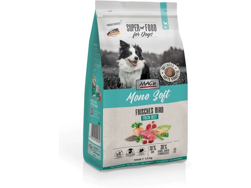 MAC's Halbfeuchtfutter Mono Soft Frisches Rind 1.5 kg Alleinfuttermittel für ausgewachsene Hunde