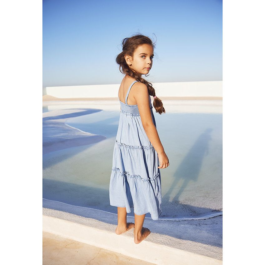 Robe longue en lyocell buste brodé pour fille - Bleu