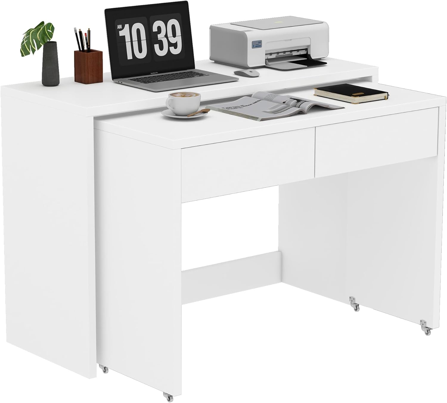 Faltbarer Schreibtisch, Schreibtisch mit Schubladen, Eckschreibtisch, Sideboard, Regalschreibtisch, 2-in-1 Kompaktschreibtisch, Ausziehbar, Rollen Ausgestattet, 110×40×78cm (Weiß)