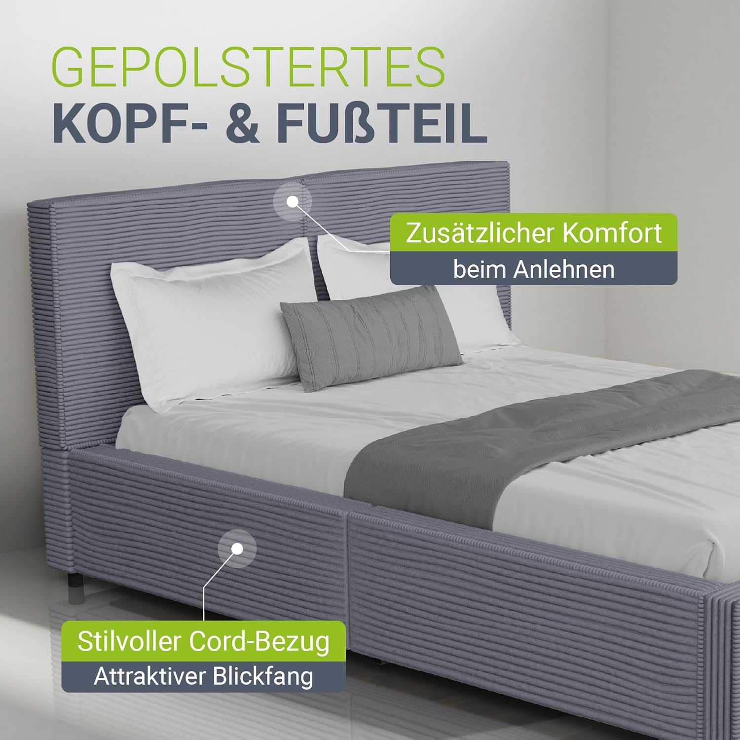 Juskys Polsterbett Salerno 140 x 200 cm – Cord Grau, modernes Bett mit Kopf- & Fußteil, stabilem Holz- & Metallrahmen, Lattenrost, 500 kg Tragkraft