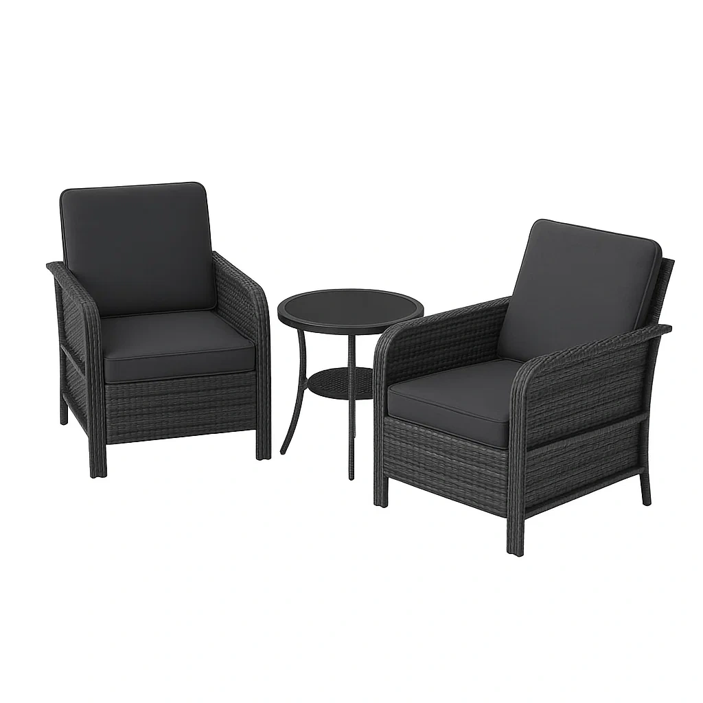 Ensemble de mobilier de jardin en rotin synthétique noir avec table en verre
