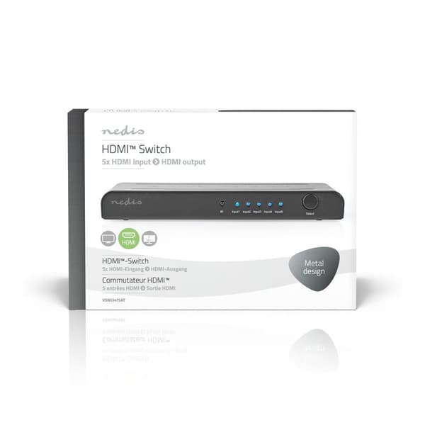 Nedis HDMI ™ Switch | 5-Port port(s) | 5x HDMI™ Inngang | 1x HDMI ™ -utgang | 4K@60Hz | 18 Gbps | Fjernstyrtkontrolert | Metall | Antrasitt