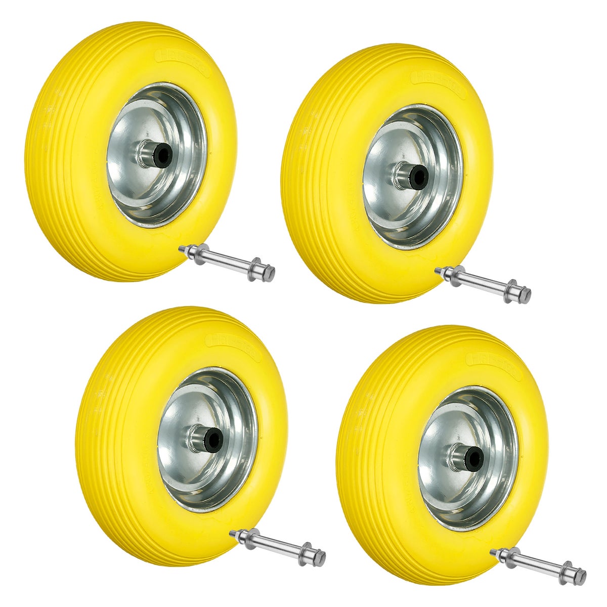 ECD Germany 4-delige set kruiwagenwielen van lekvrij massief PU-rubber, reservewiel met as, 4.80/4.00-8, diameter 390 mm, geel, 200 kg, band met stalen velg, band voor kruiwagens en tuinkarren