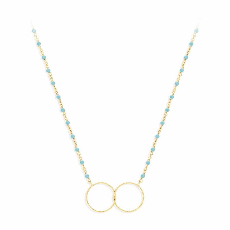 Collier Argent Doré Double Rond Et Pierre Turquoise