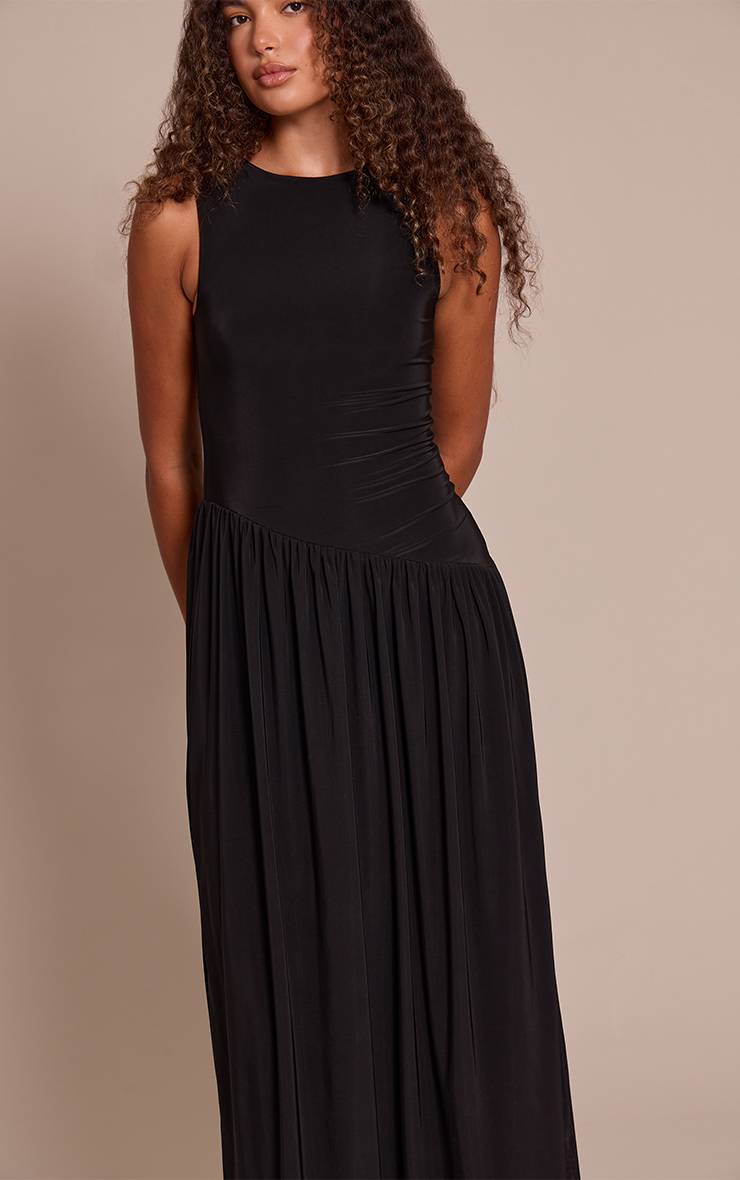 Noir Robe Maxi Longue À Double Couche Toucher Doux Avec Taille Basse Asymétrique