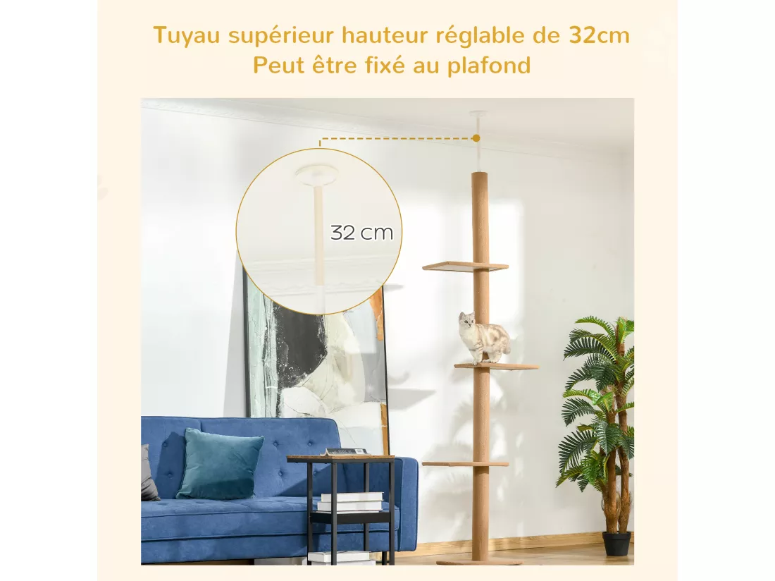 Arbre à chat poteau à griffer hauteur réglable dim. 43L x 27I x 228-260H cm 4 niveaux d'activités marron