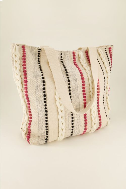 Beige shopper met multikleur strepen & gevlochten details