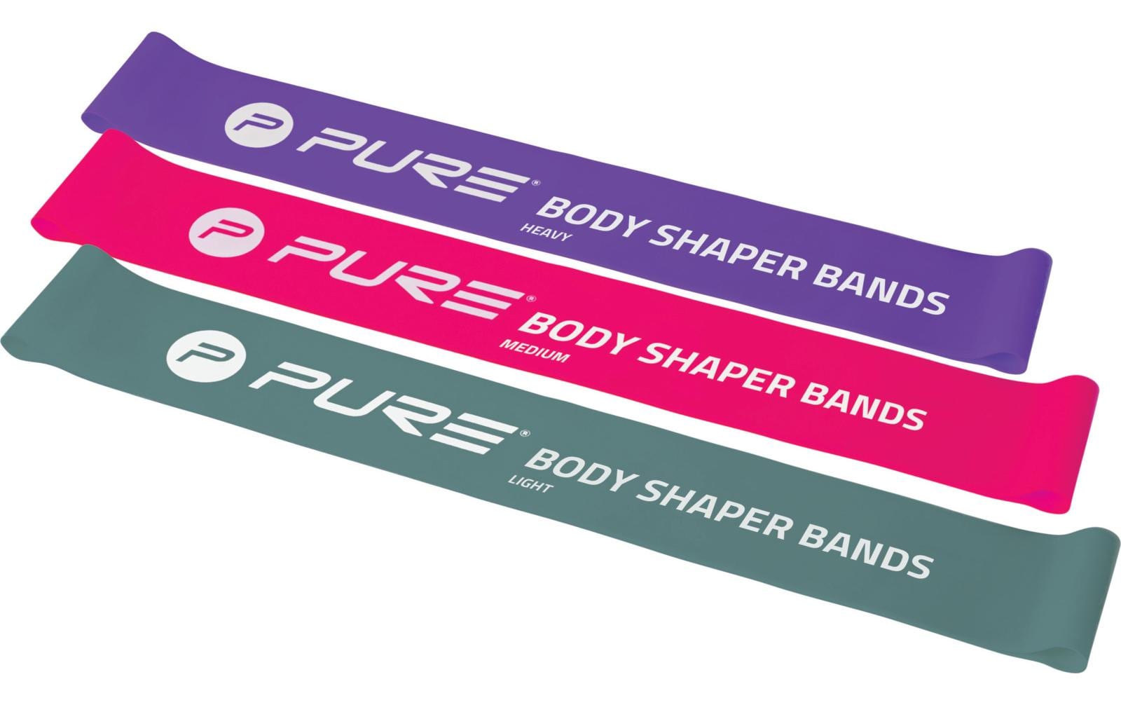 Fitnessband 3er-Set, leicht bis stark, Lila/Rosa/GrauWiderstandsbänder in drei Stärken