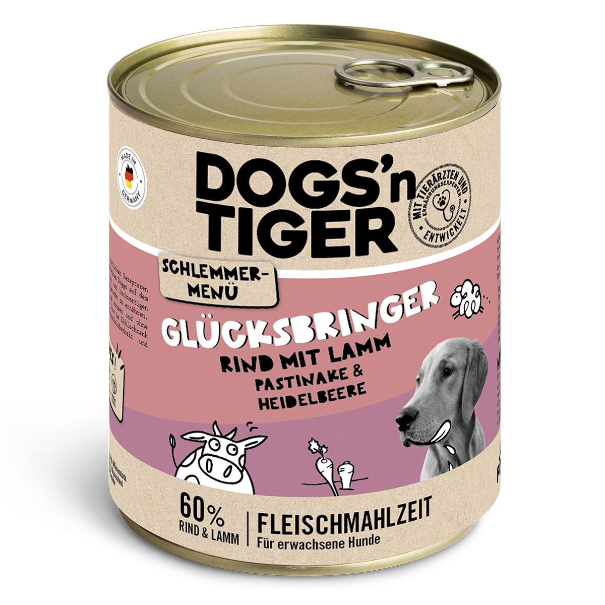 Dogs’n Tiger Adult Hundefutter, Glücksbringer, Nassfutter, Getreidefrei, Rind & Lamm