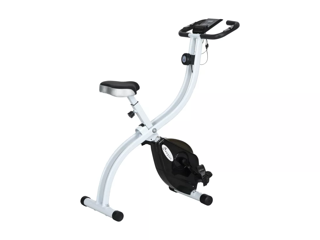 Vélo d'appartement pliant, vélo de fitness, vélo d'intérieur 8 niveaux de résistance magnétique, selle réglable, poignées, écran LCD multifonction, support tablette, acier blanc