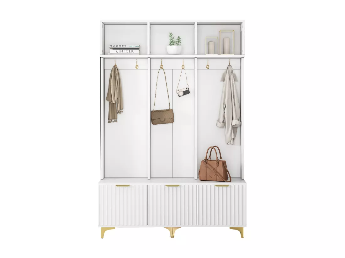 Vestiaire avec 3 portes et 3 niches - 126 x 40 x 191.5 cm - Panneaux de particules et pièds en métal - Blanc