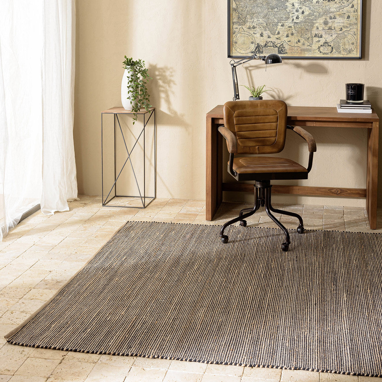 Macabane Tapis en Jute & Coton Quentin sable/noir - 230x160 cm