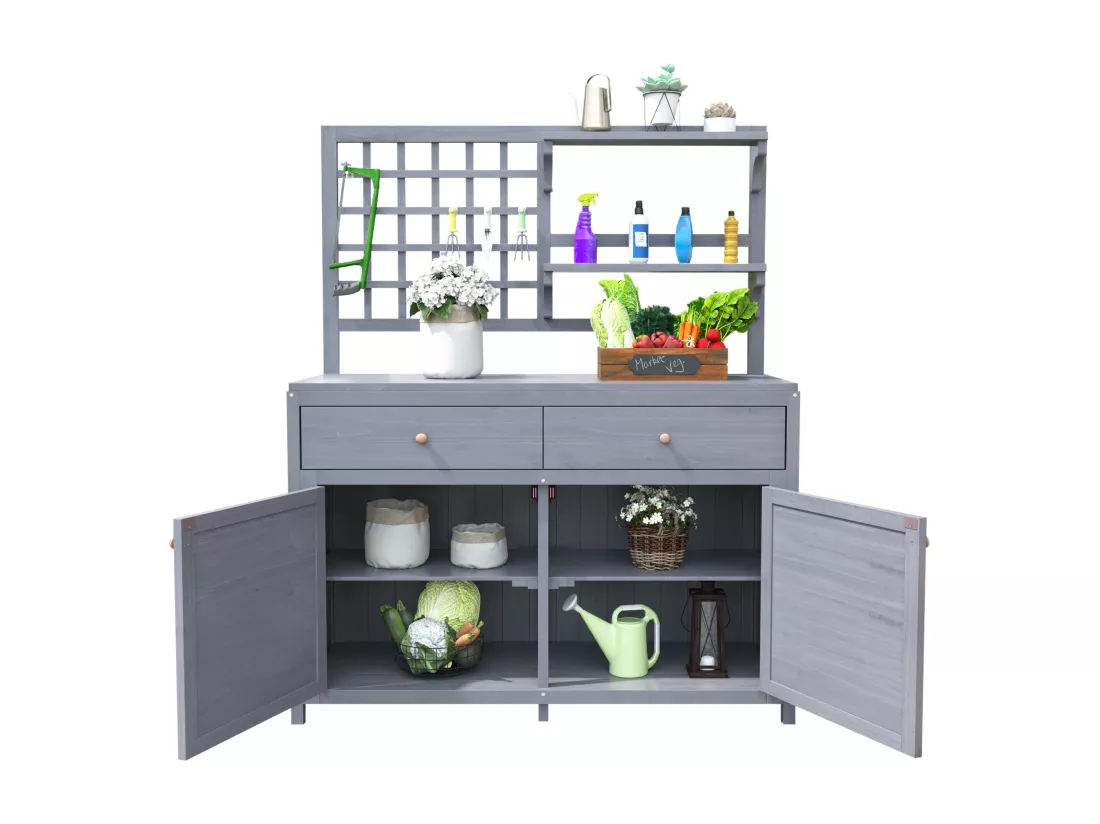 Armoire de jardin, abri de jardin en bois massif avec 2 portes, 2 tiroirs et étagère de rangement - 141.5 x 44 x 105 - Gris