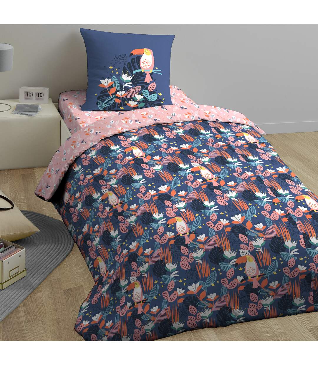 Drap housse imprimé 90x190 cm coton issu de l'agriculture biologique TROPIE Bleu Bonnet 25 cm