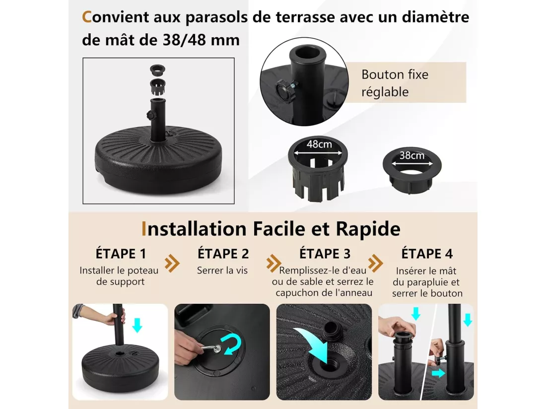 Pied de Parasol Lourd pour Parasolφ38/48 mm, Socle Parasol Extérieur en HDPE Rempli de 28Kg Sable/18L Eau, pour Terrasse Piscine Patio Jardin Restaurant, Dia.50 x H30 cm
