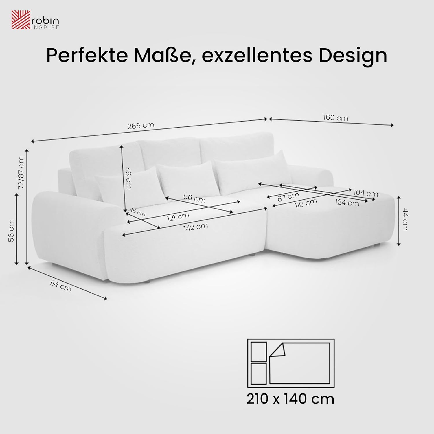Robin Inspire Ecksofa Mit Schlaffunktion Bettkasten L Form Sofa Eckcouch Schlafcouch Freistehend Rechts Aldo Beige 266 x 160 x 87 cm