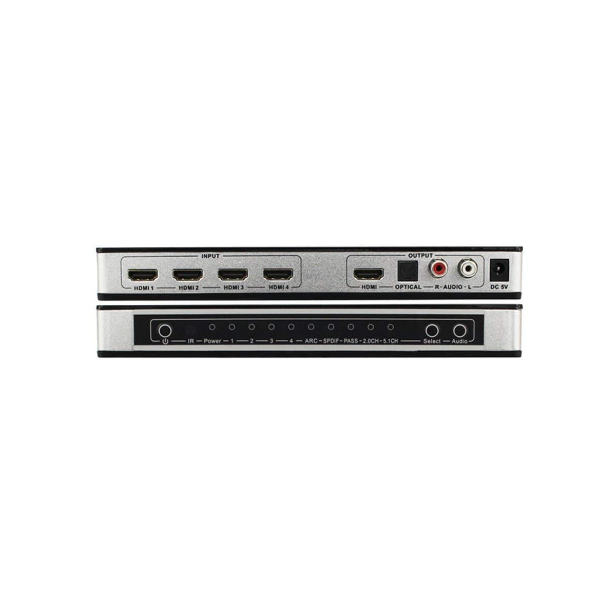 HDMI 4x1 koblingsboks og lyddeler UHD 4K 3D HDMI 2.0 ARC Toslink + RCA