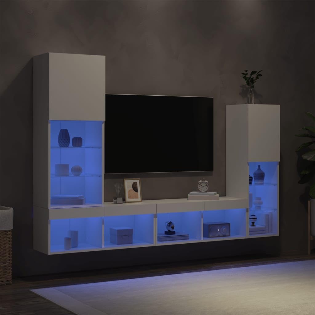 4-TLG. Wohnwand mit Beleuchtung Weiß Holzwerkstoff, Wohnzimmer, Schrankwand, TV-Möbel - 3216654