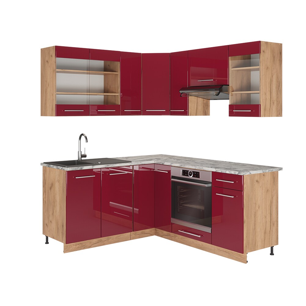 Vicco Eckküche Küchenzeile Einbauküche Fame-Line Eiche Bordeaux Rot 190 cm modern Schubunterschrank Spülenunterschrank Eckunterschrank Herdumbauschrank Hängeglasschrank Hängeschrank Hochglanz