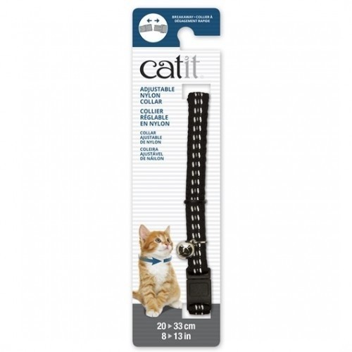Coleira ajustável e refletora para gatos em nylon, preta.