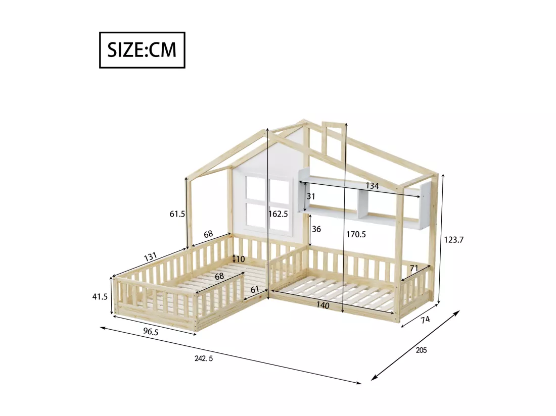 Lit enfant 70x140 cm/90x200 cm en bois - avec étagères et sommier à lattes - Naturel