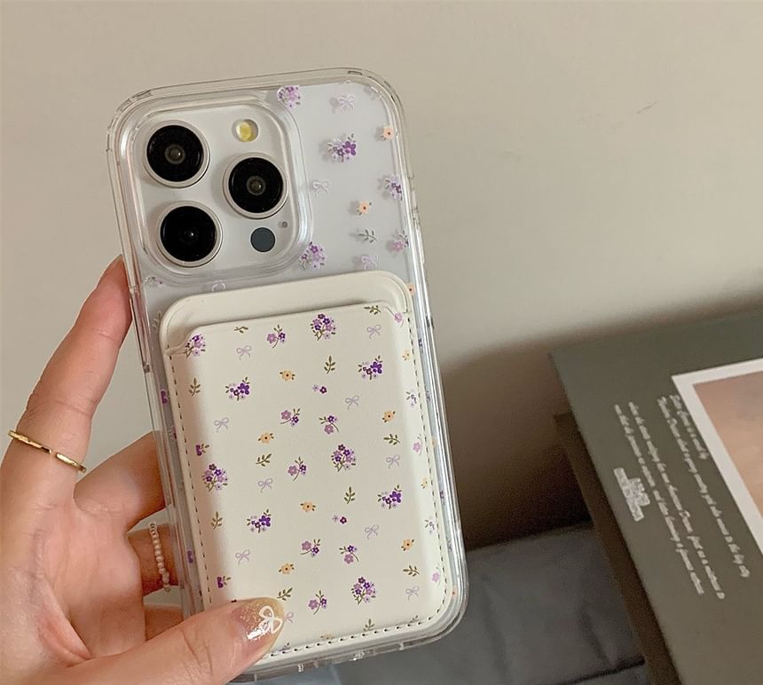 Karnemelk - Telefoonmagneethouder van imitatieleer met bloemenprint