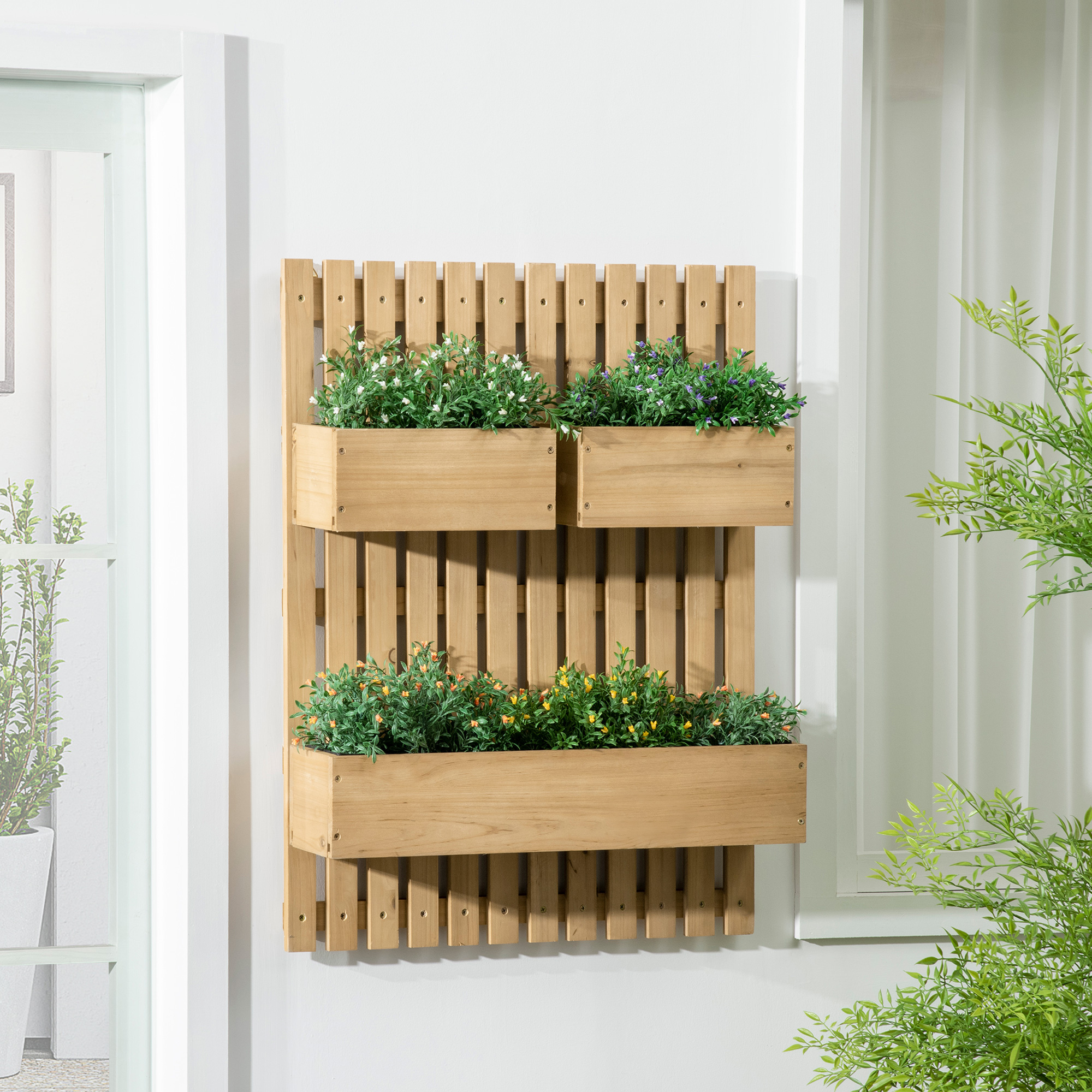 Jardineira de parede Outsunny com treliça, jardineira vertical de madeira com 3 vasos móveis e orifício de drenagem para jardim, terraço e pátio, 60x16x80 cm, natural.
