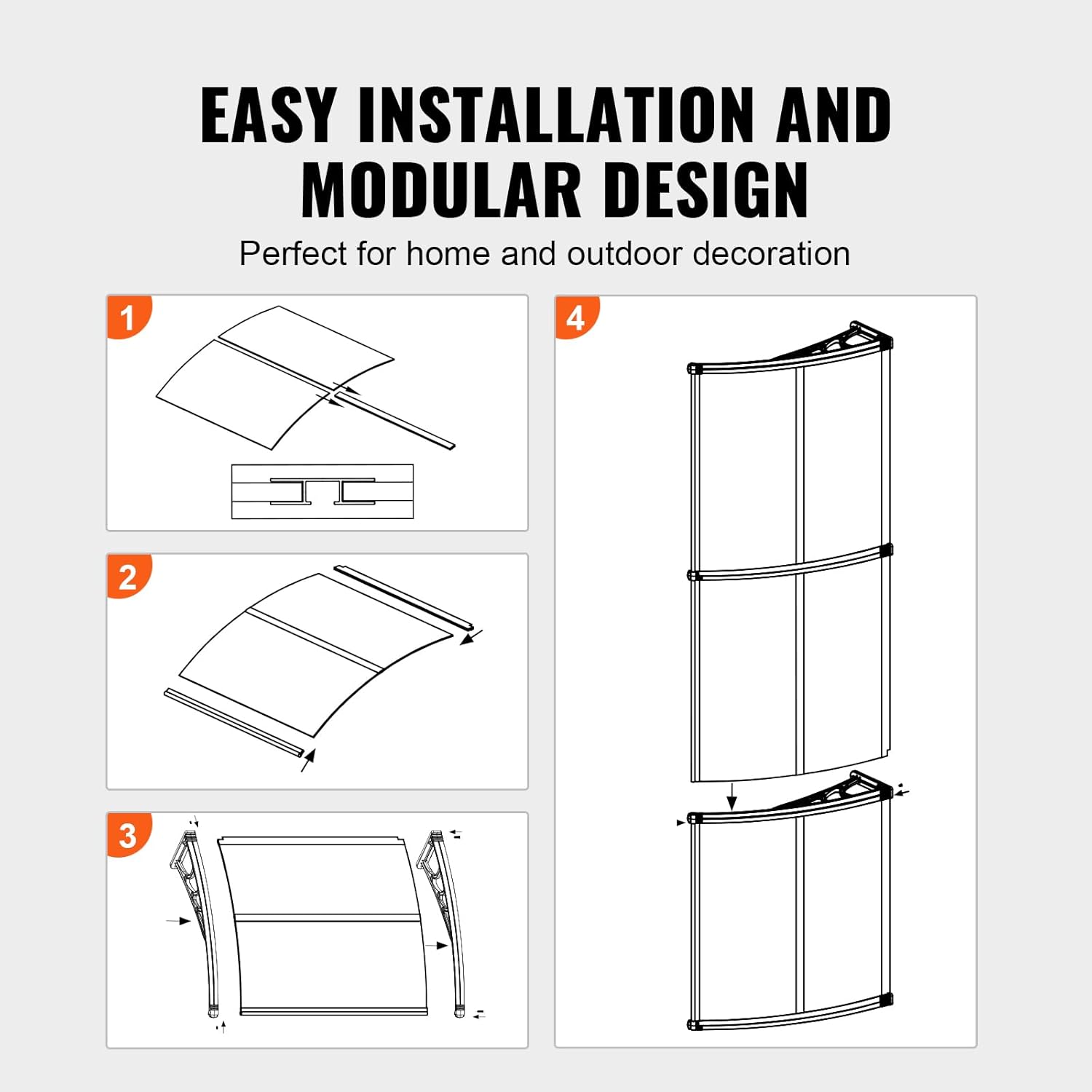VEVOR Vordach Haustür 965 x 2975 mm Überdachung UF50+ PC-Sonnenschutzfolie Haustürvordach PC-Blatt + ABS-Halterung + Aluminium-Verbinder Pultvordach UV-beständig Haustürdach Pultbogenvordach