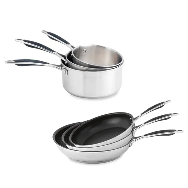 Batterie de cuisine Excell'inox 3 poêles inox revêtu et 3 casseroles i
