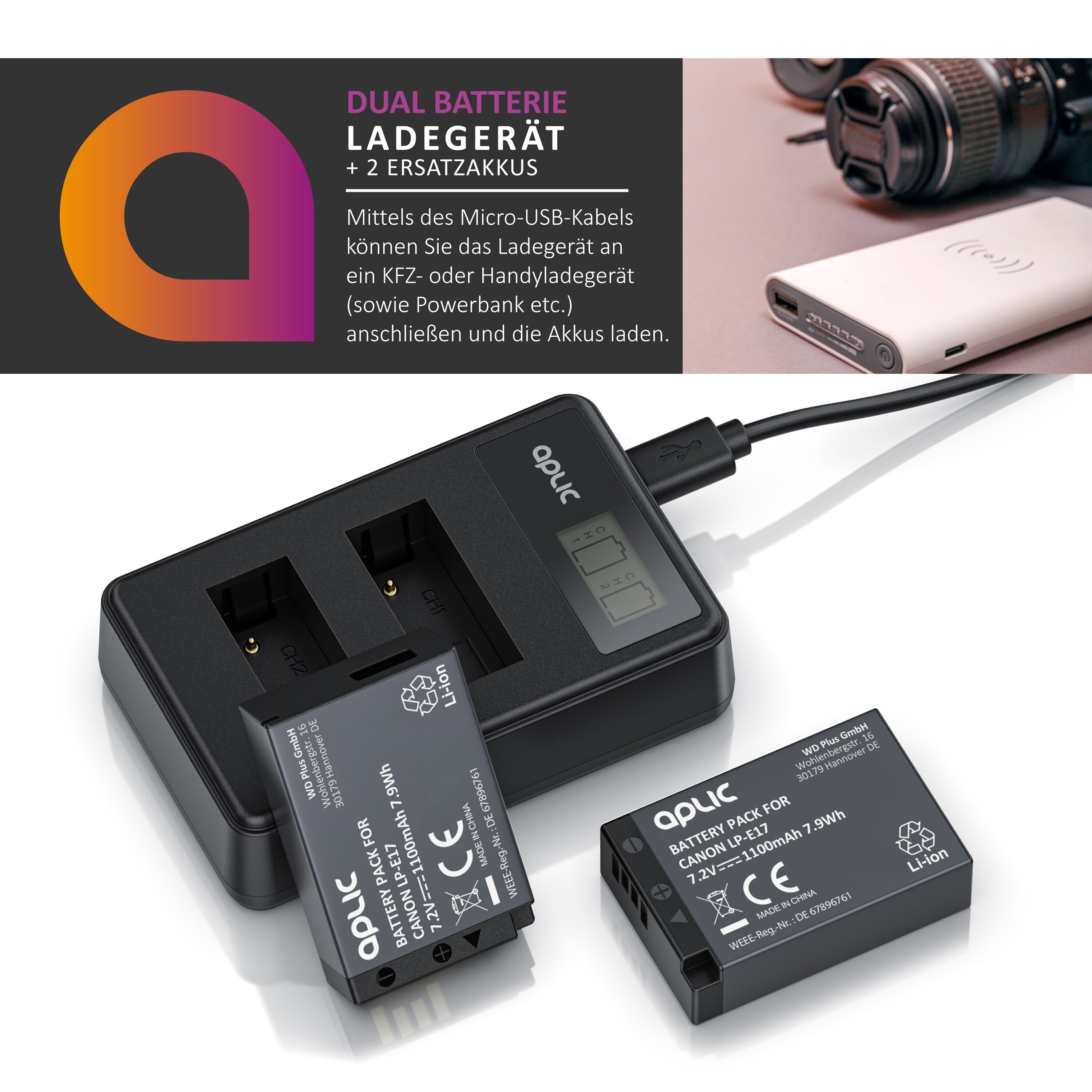 Aplic Akkuladegerät Set inkl. 2 Akkus - Kamera Akku Ladegerät kompatibel mit Canon LP-E17-1100mAh - Ladestrom 600 mAh - 7,2 V