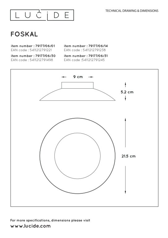 Lucide Foskal plafondlamp Ø21.5 LED zwart