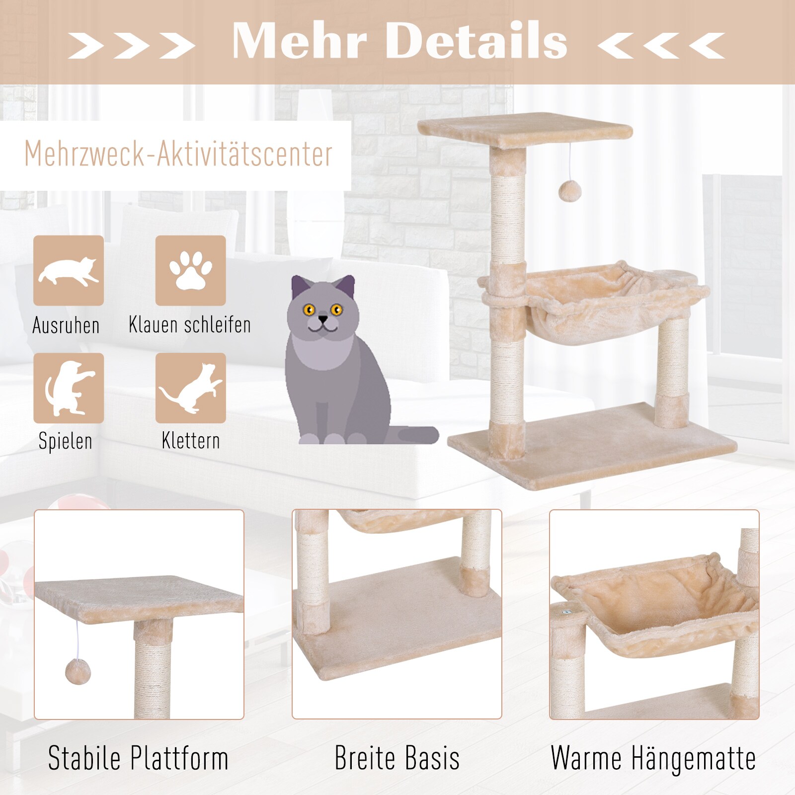 PawHut Katzenbaum mit Sisalsäulen 50 x 36 x 70 cm (LxBxH)
