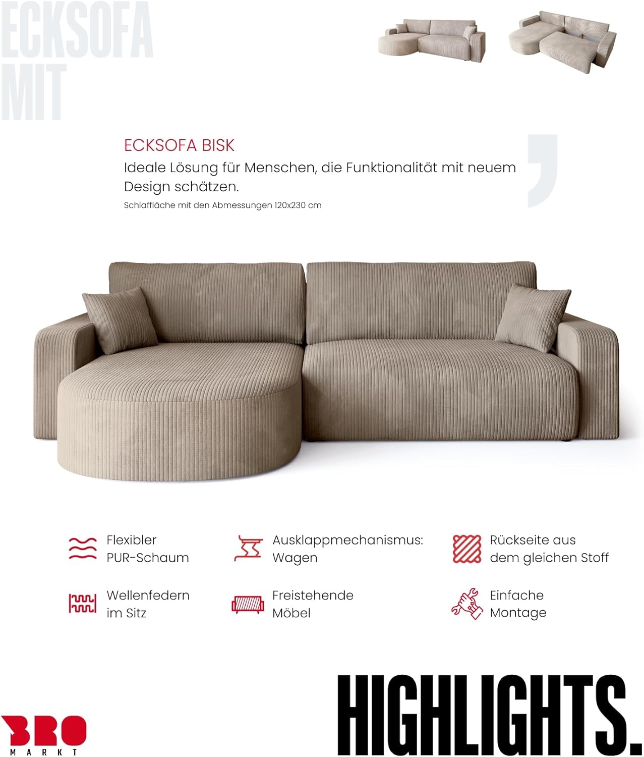 BROMARKT Ecksofa mit Schlaffunktion und Bettkasten Cordstoff Sofa Dreisitzer Schlafsofa Eckcouch Relaxsofa für Wohnzimmer Wohnlandschaft L-Form Bisk 275x170x85cm Beige