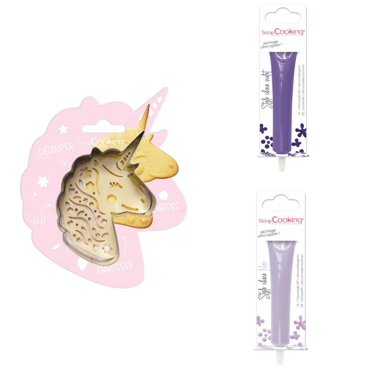 Kit pour biscuit en relief Licorne + 2 Stylos au chocolat violet et li