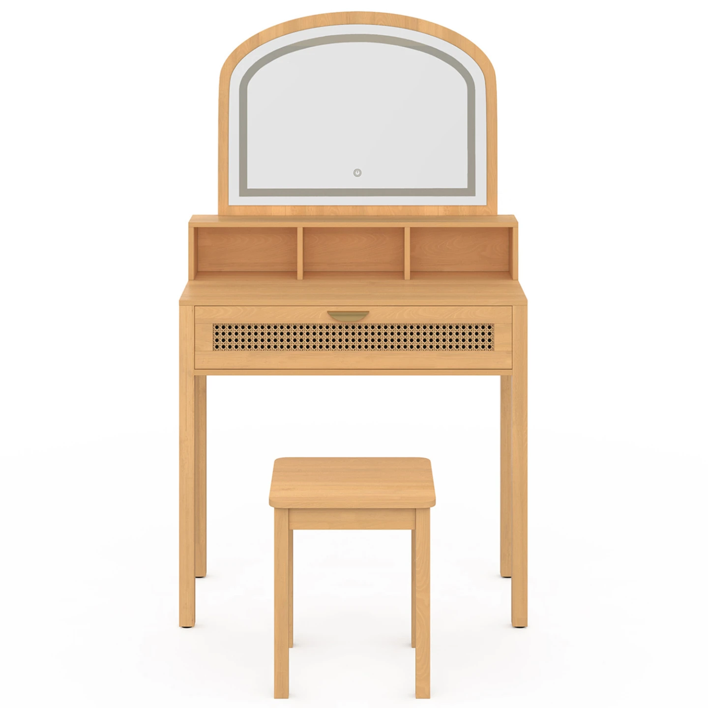 Coiffeuse EDHEN avec miroir LED, 1 tiroir, 3 niches et tabouret cannage et bois