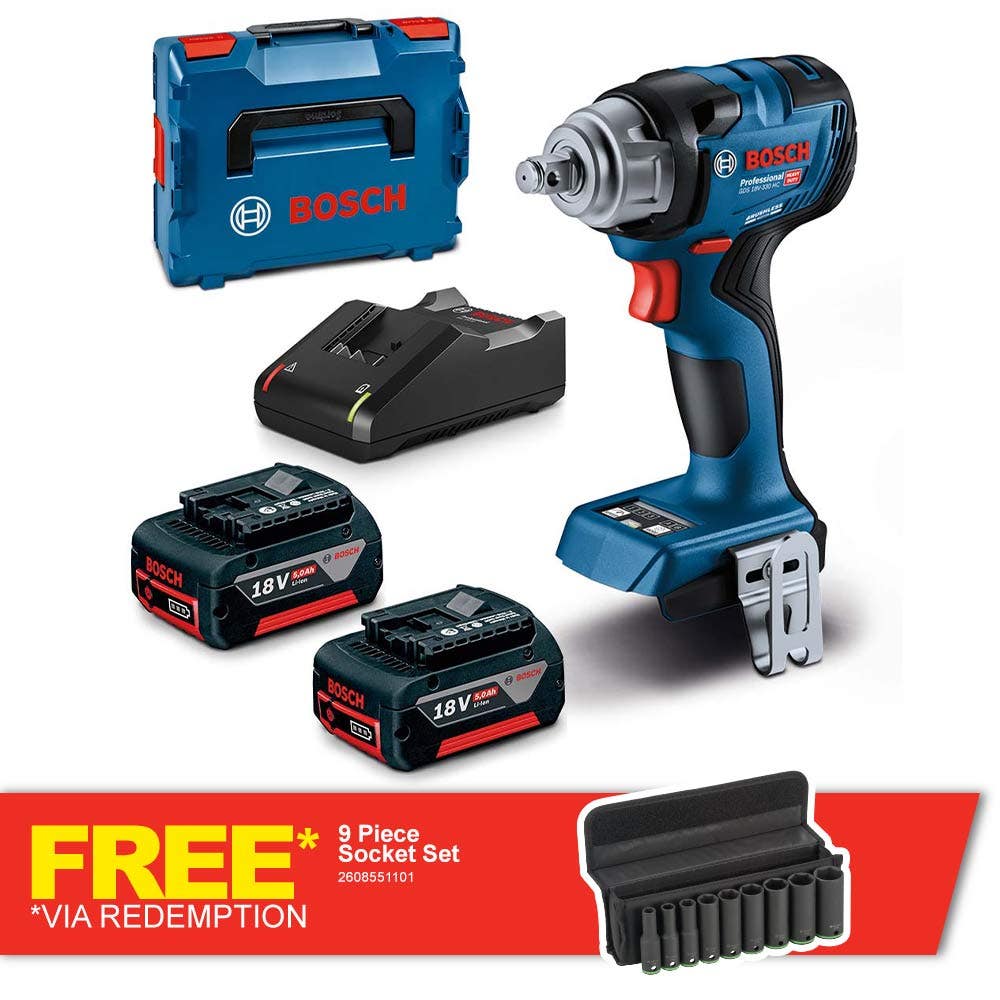 Kit de chave de impacto BOSCH 18V sem escova, 2 x 5,0Ah, 1/2 polegada, GDS 18V-330 HC 06019L5041