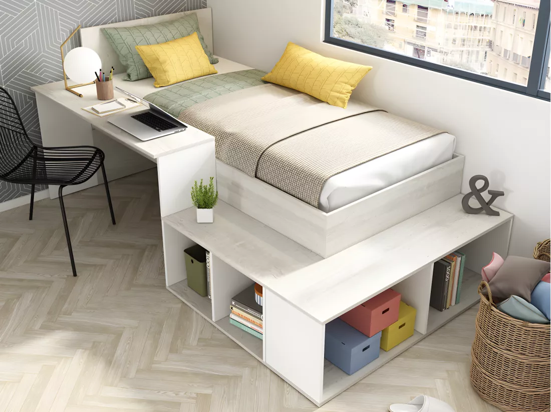 Lit combiné 90 x 200 cm avec rangements et bureau - Coloris : Naturel et blanc + Sommier + Matelas - RIGALI