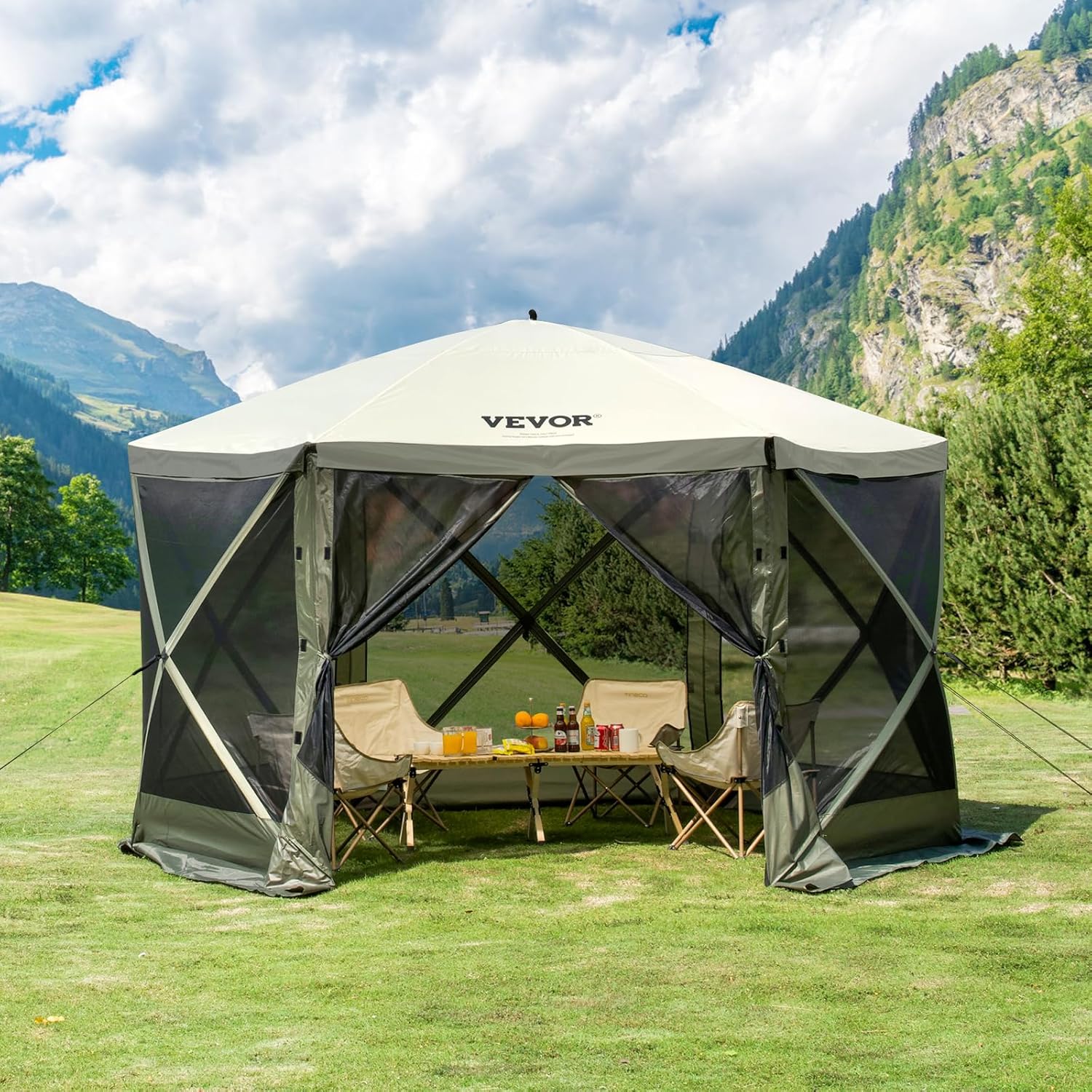 VEVOR Pavillonzelt, Gartenzelt mit 6-seitigem Baldachin, Sonnenschutz mit 6 abnehmbaren Sichtschutz-Windtüchern und Netzfenstern, 3,66 x 3,66 m, Pop up Zelt mit Moskitonetz, Grün