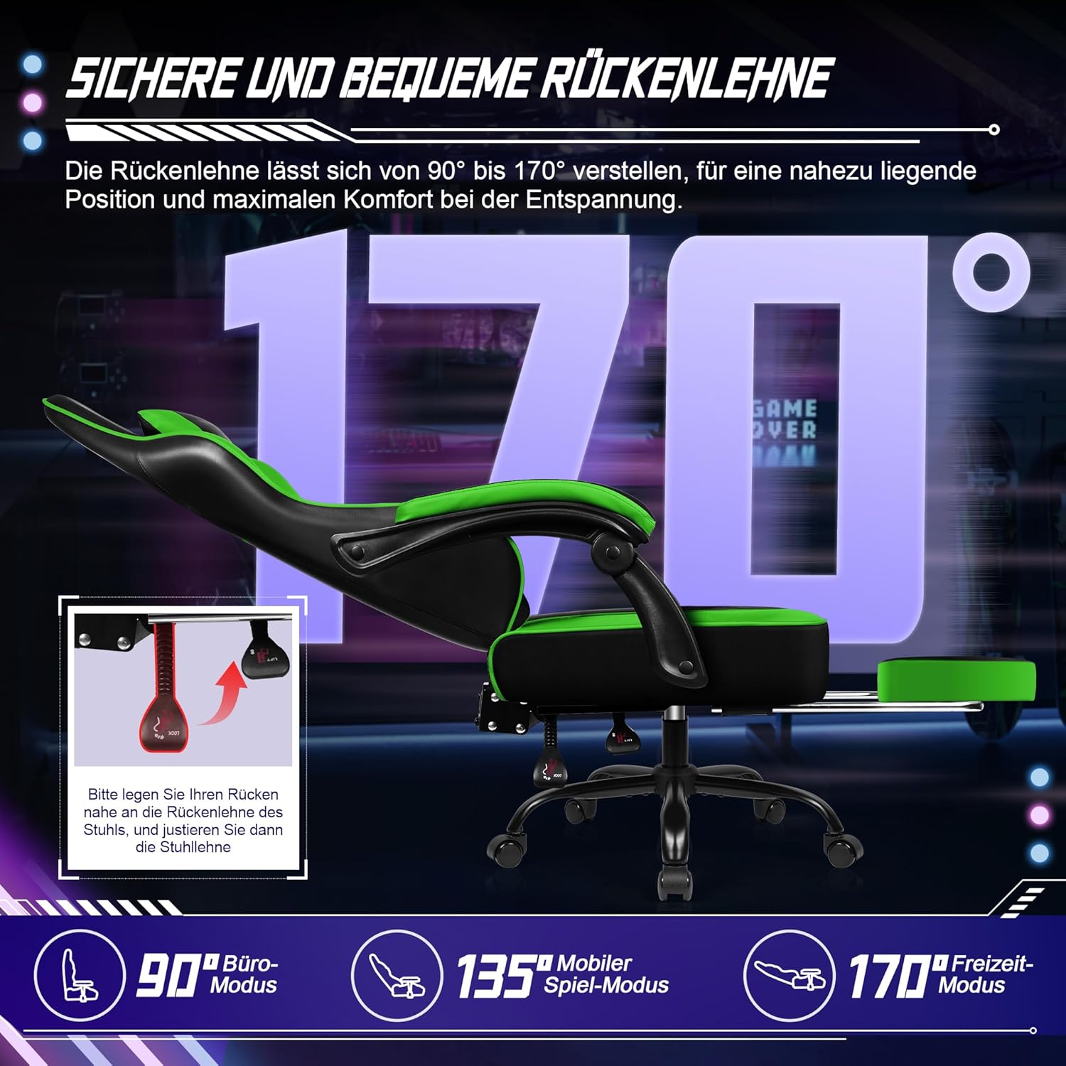 Gaming Stuhl Ergonomischer mit Fußstütze, Gaming Chair Bürostuhl 150 kg Belastbarkeit, Gamer Stuhl aus Kunstleder, Höhenverstellbarer PC Zockerstuhl für Jugendliche Erwachsene, Grün