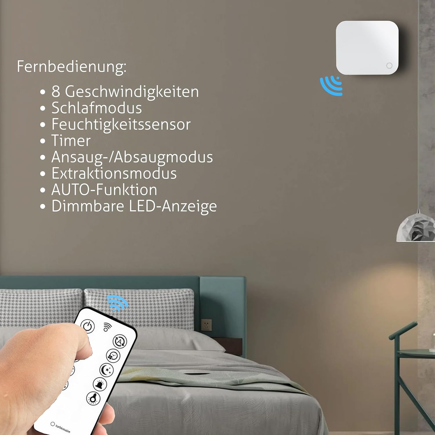 Turbionaire Trend HRV 150 WM Dezentrale Wohnraumlüftung mit Keramik-Wärmerückgewinnung, Feuchtigkeitssensor, Fernbedienung, Timer, Schlafmodus, 8 Lüftungsstufen, 3 Jahre Garantie, 158 mm