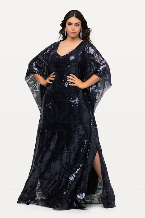 Cape-Kleid, doppellagig, Pailletten, V-Ausschnitt, 3/4-Arm