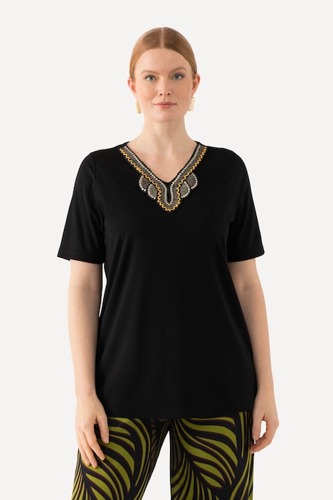 T-Shirt, Stickerei, A-Linie, Tunika-Ausschnitt, Halbarm