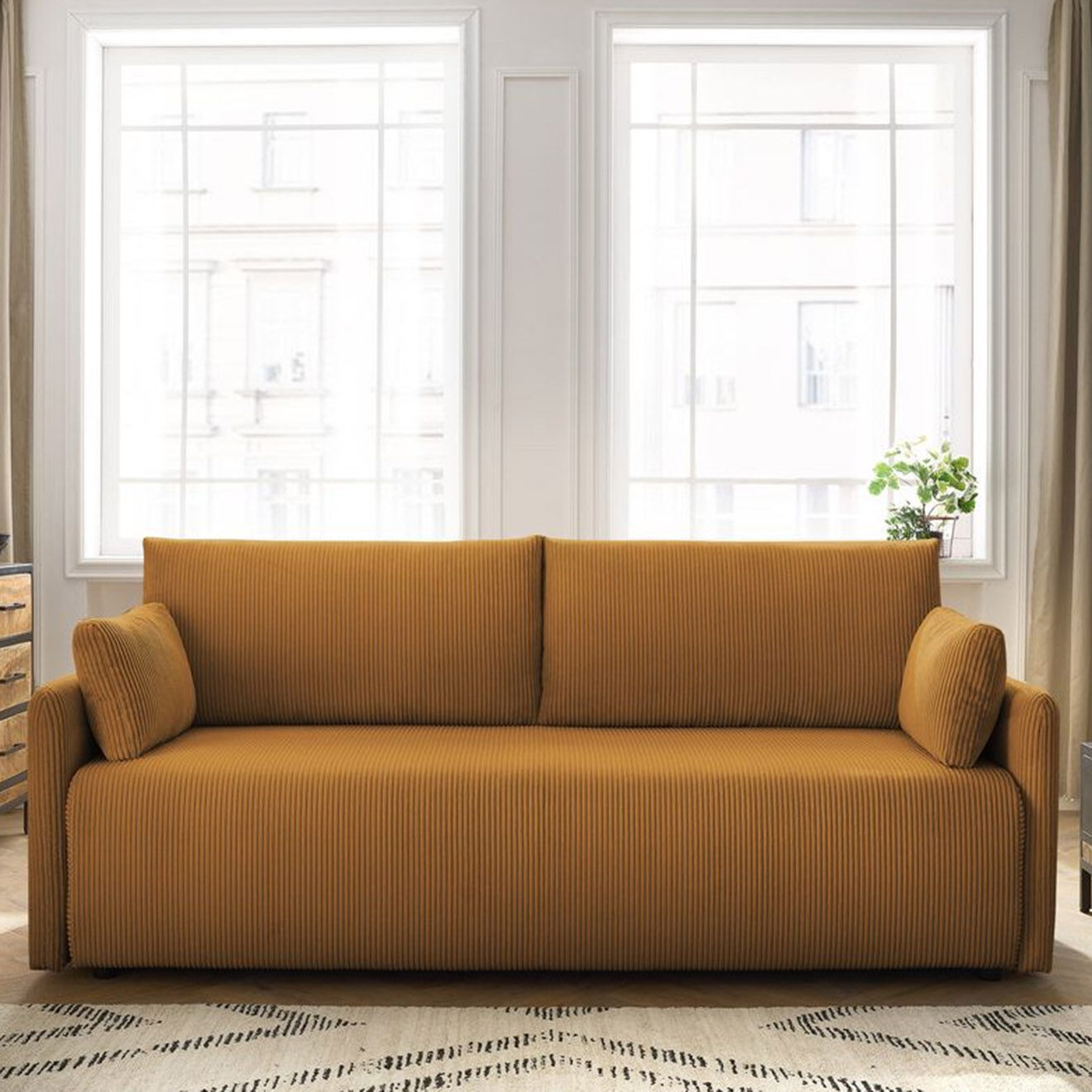 Bobochic Canapé convertible coffre marcel velours côtelé jaune  - 211x100x86 cm