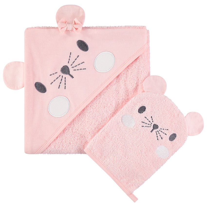 Set de bain avec cape à capuche intégrée et gant motif souris - Rose