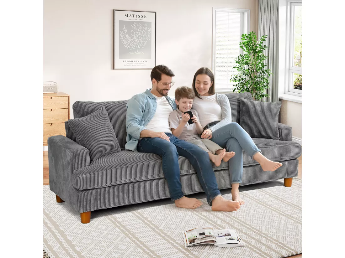 Canapé en Velours Côtelé 3 Places,Grand Canapé Droit Rembourré Moderne avec Sièges extra profonds de 53cm - 2 Coussins - 220x76x84cm - Gris